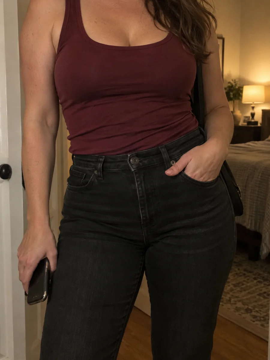 Femme adulte en débardeur bordeaux et jean, visage hors cadre